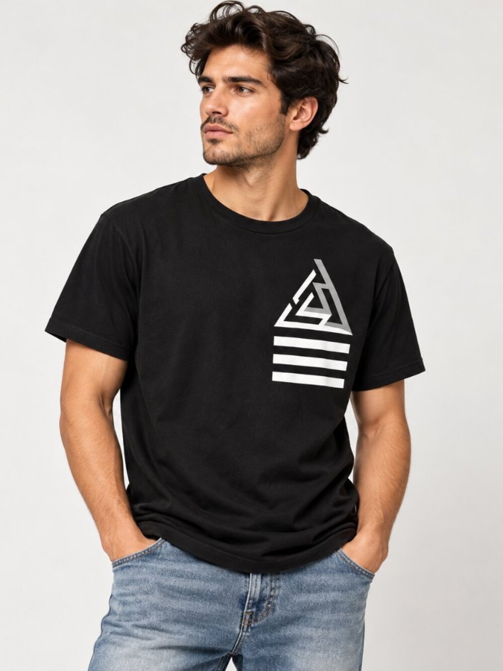 NWT KONUS Black Geometric Graphic Hi Low T-Shirt Sample Med